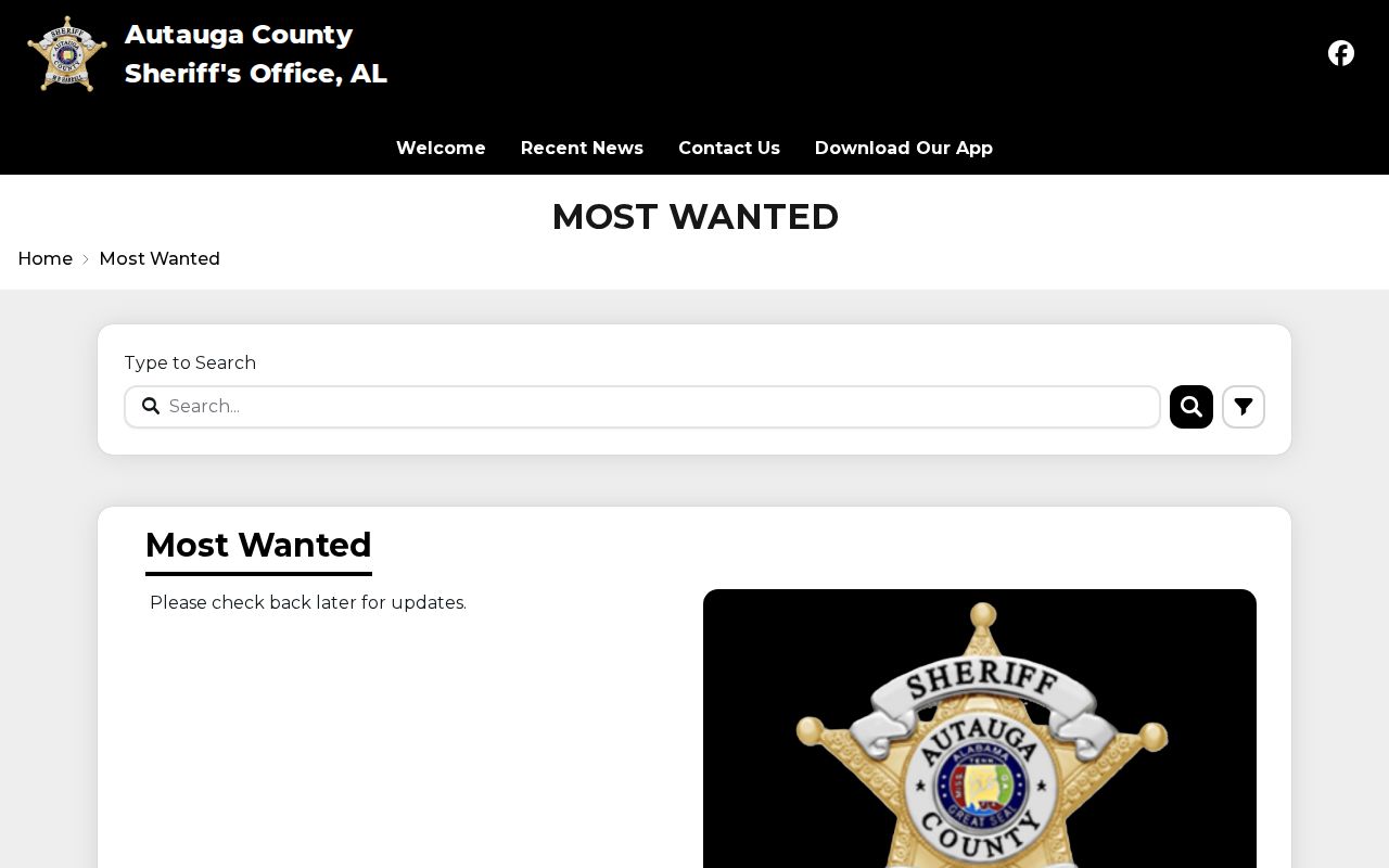 Autauga County arrest lookup official Most Wanted landing page