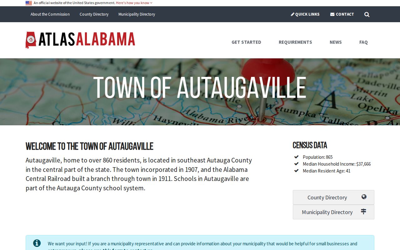 Atlas Alabama municipal profile for Autaugaville
