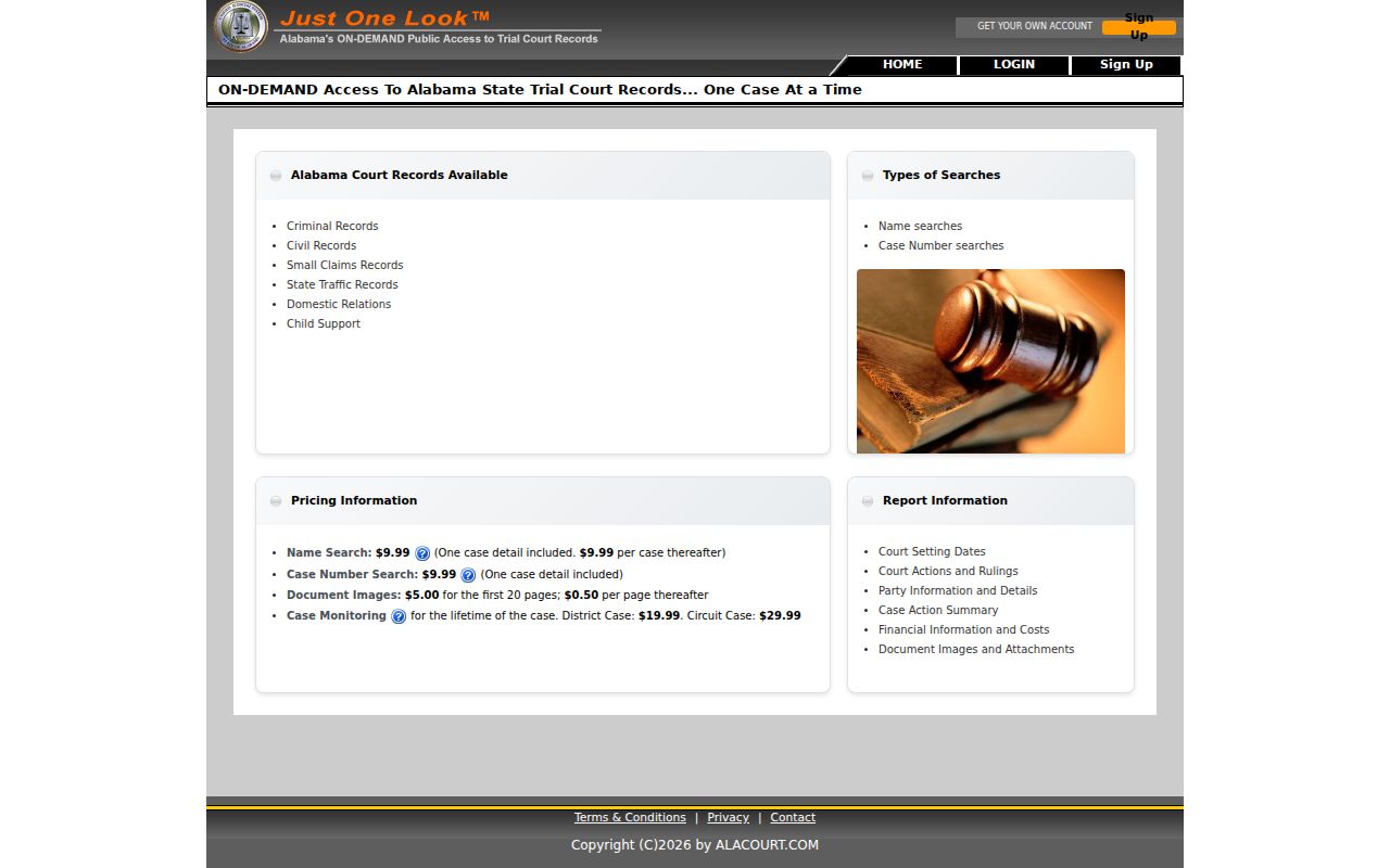 Autauga County criminal court case access through Just One Look