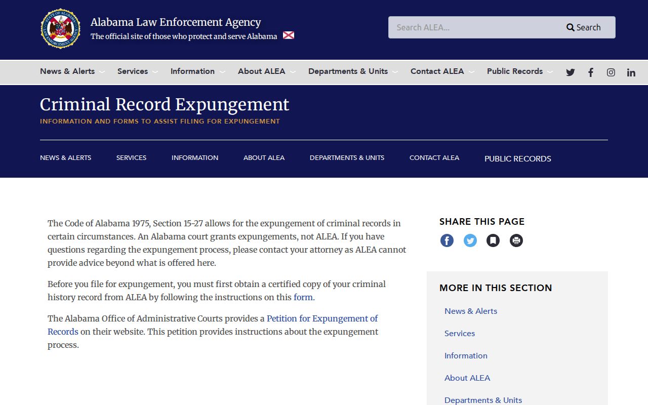 Autauga County criminal history Alabama expungement instructions