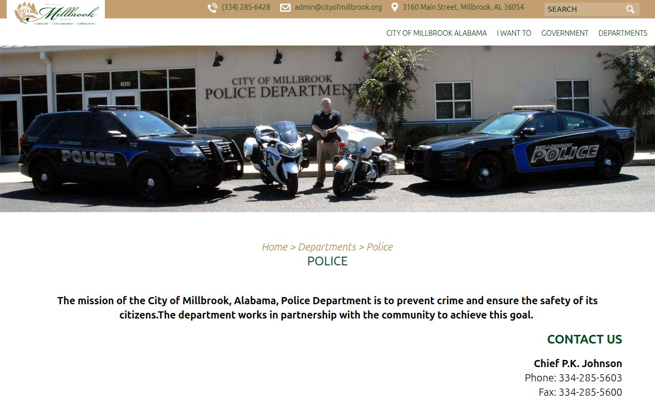 Official Millbrook Police Department contact page