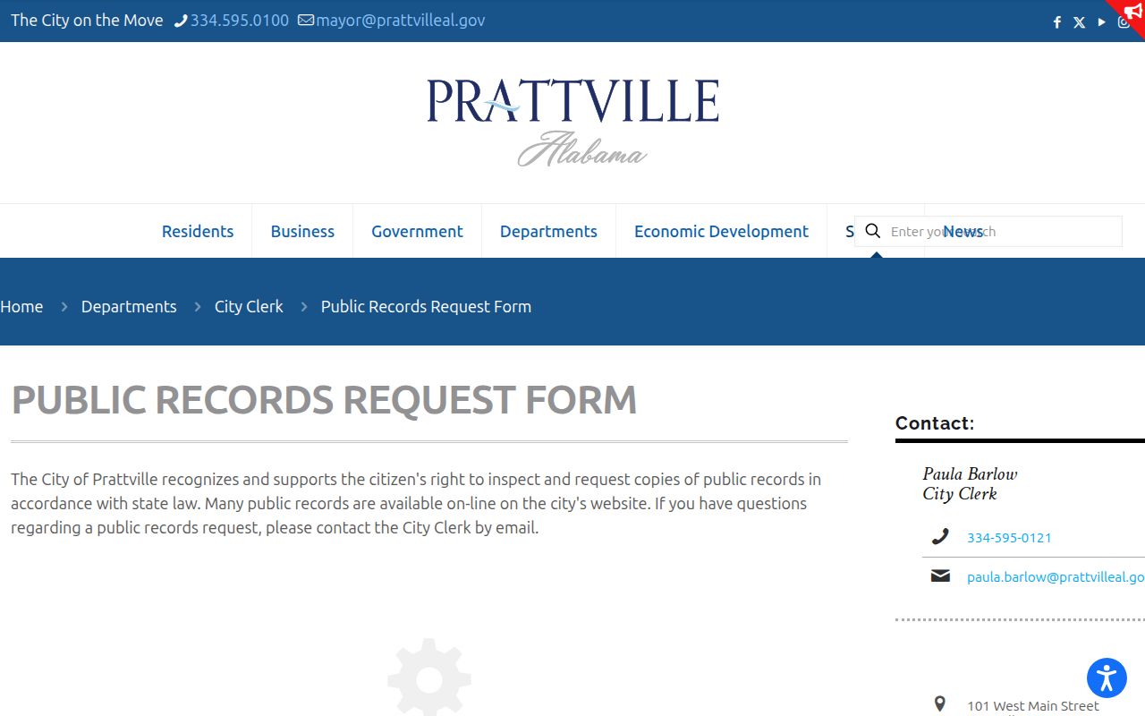 Prattville criminal records City Clerk public request contacts