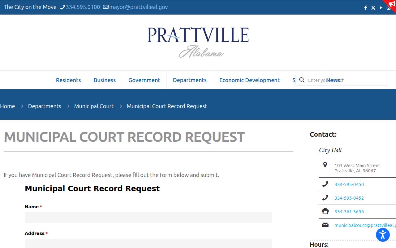 Prattville criminal records Municipal Court request page